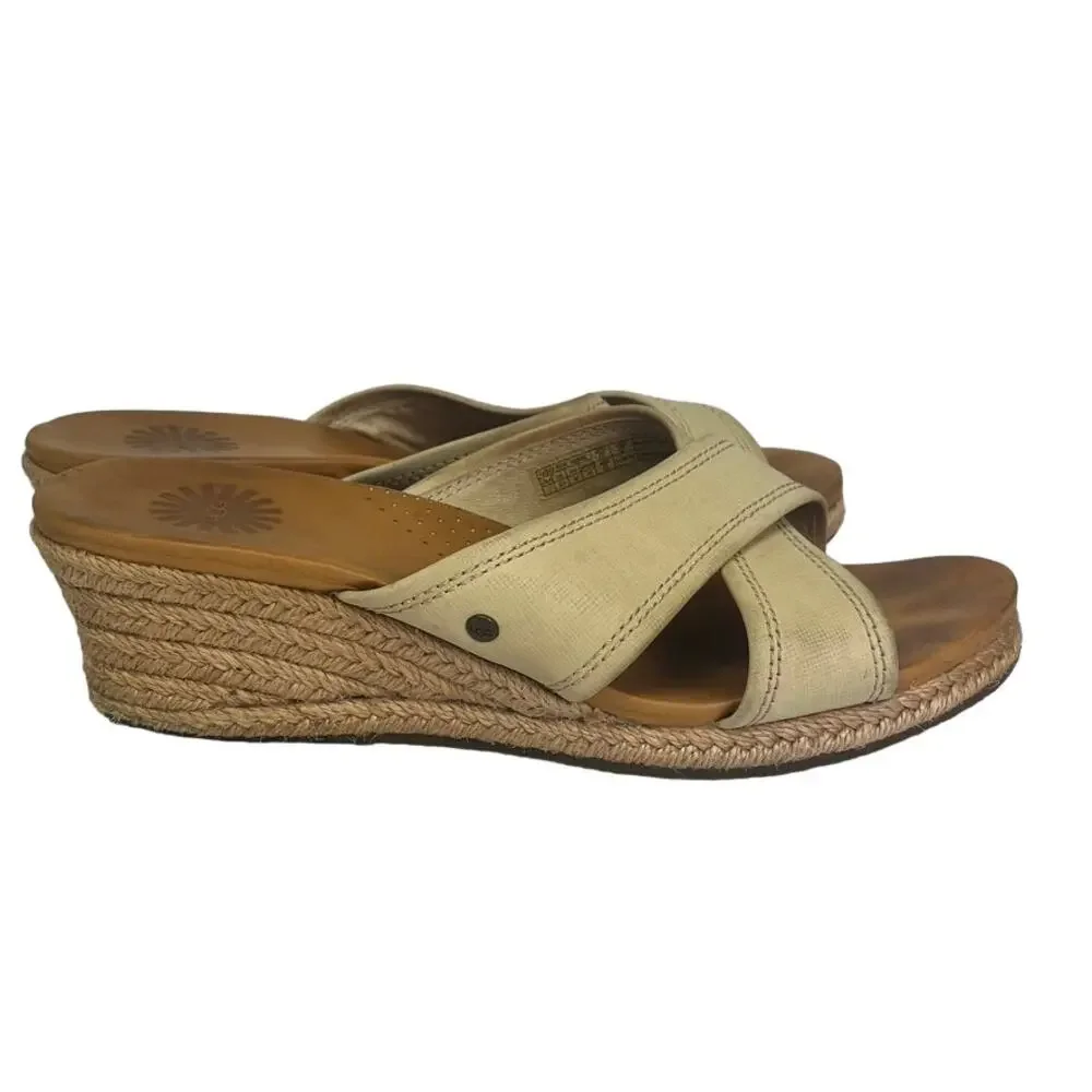 UGG Sandals Womens 7 Gwyn Espadrille Wedge Leather Open Toe Slides